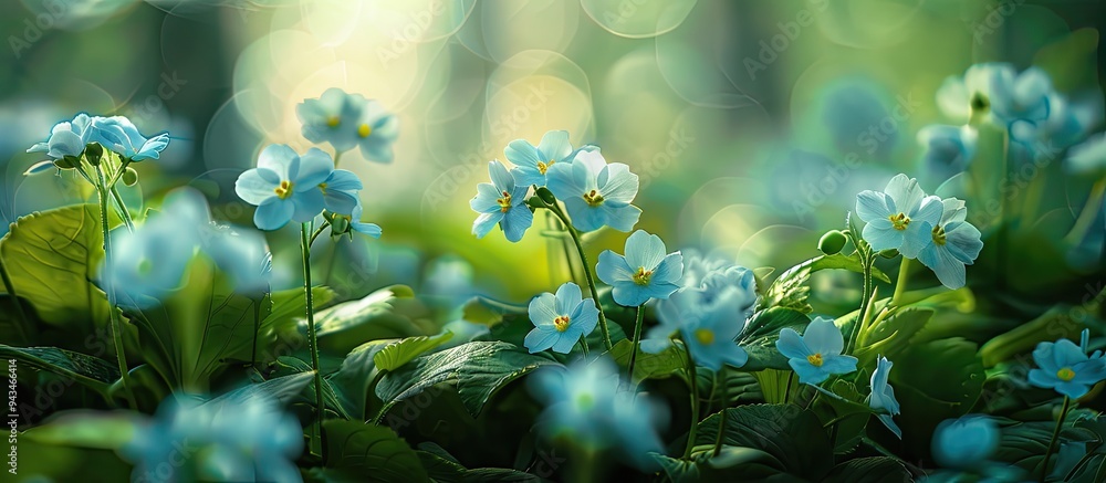 Aufkleber close up shot of delicate blue primroses in a spring forest with copy space image