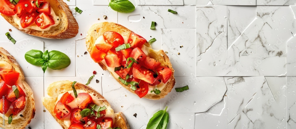 Poster Top down view of cheesy bruschetta with tomatoes and basil on a white tiled surface allowing for copy space image