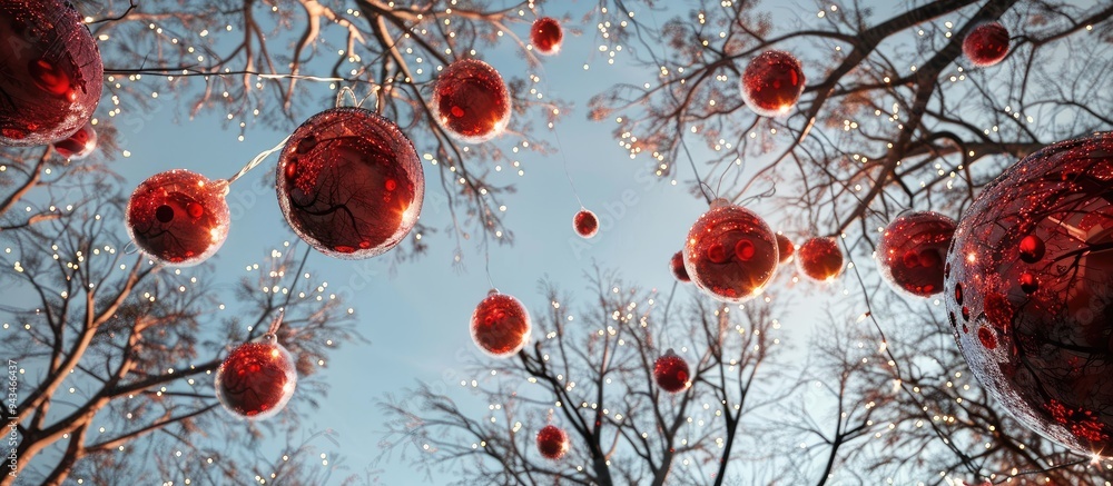 Poster Christmas balls adorn leafless deciduous trees creating a festive ambiance in the copy space image