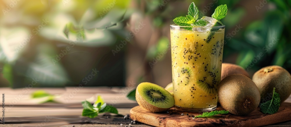 Poster Wooden background setting with board displaying a glass of freshly blended kiwi smoothie garnished with mint with space for inserting images. Creative banner. Copyspace image