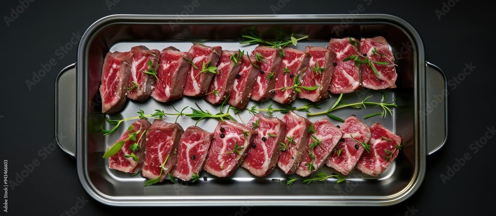 Poster a top down view of a steel tray with sliced wagyu new york beef or striploin steak garnished with he