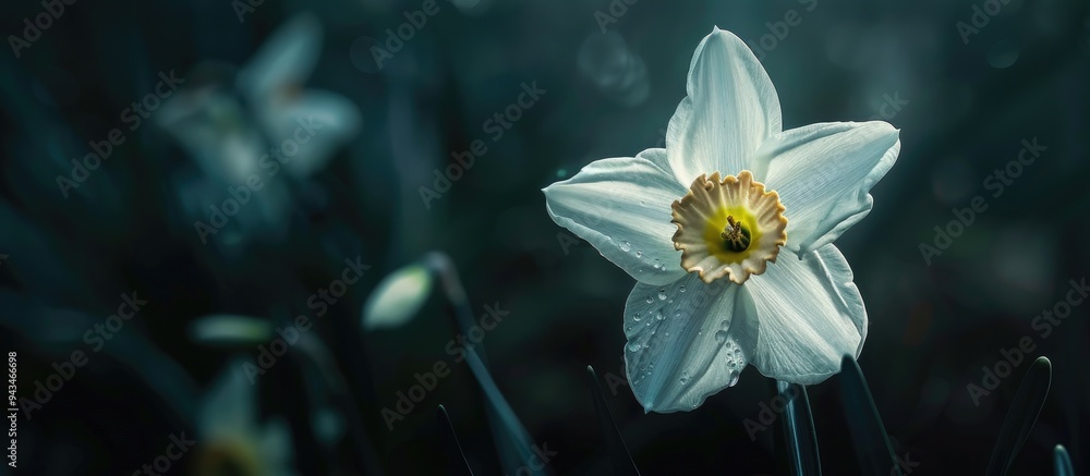 Poster a close up image of white daffodil narcissus flowers in the garden against a dark natural background