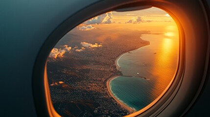 Fototapeta premium Gazing through an airplane window evokes the magic of travel, revealing the world's grandeur and inviting us on an exhilarating journey of discovery.
