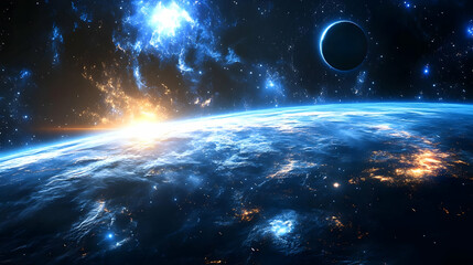 Obraz premium A beautiful view of a planet from space with a crescent moon, a rising sun, and a swirling galaxy.