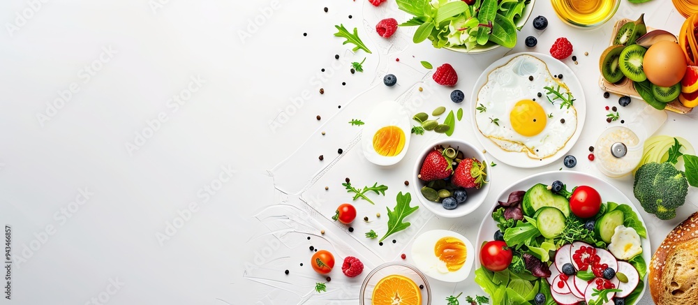 Aufkleber Flat lay composition of a breakfast spread including fruits salad egg bread vegetables cheese and berries with a spacious area for additional text or graphics