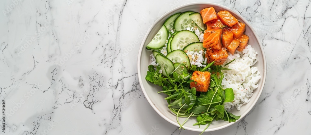 Aufkleber salmon and rice with cucumbers set against a white marble backdrop captured from above in a copy spa
