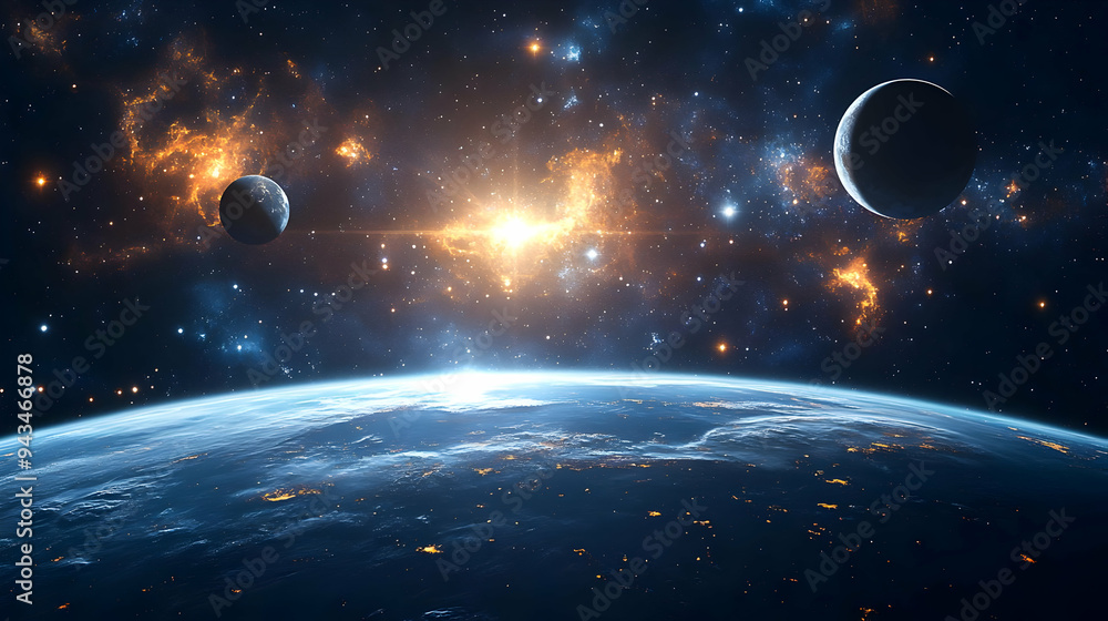 Poster a beautiful view of a planet from space with a starfield and other planets in the background.