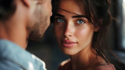 Pretty woman looking to handsome man face to face. Portrait of  beautiful woman with handsome man. Attractive couple looking to each other. Tttractive woman looking