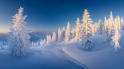 Glowing white spruces, illuminated by sunlight, create a breathtaking wintry scene in Carpathian National Park, Ukraine. The cool blue sky complements the pristine white landscape