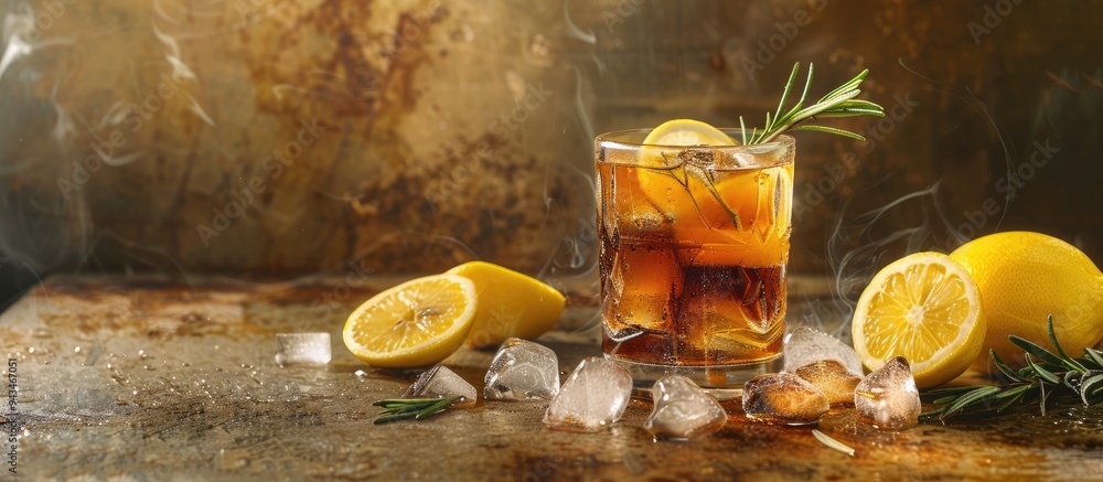 Aufkleber Fresh and refreshing iced tea or cocktail adorned with ice rosemary sprigs and lemon slices resting on a vintage brown table ideal for a copy space image