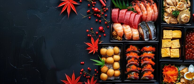 Photo featuring traditional Japanese New Year s cuisine known as Osechi with ample copy space in the image