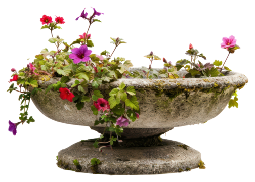 Colorful flowers in stone planter