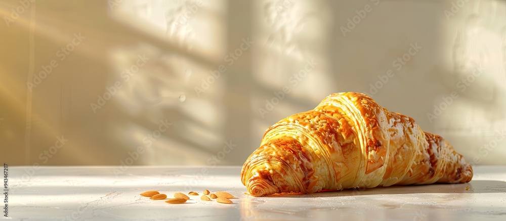 Poster almond croissant pastry displayed on a white table with a bright and inviting ambiance ideal for rec