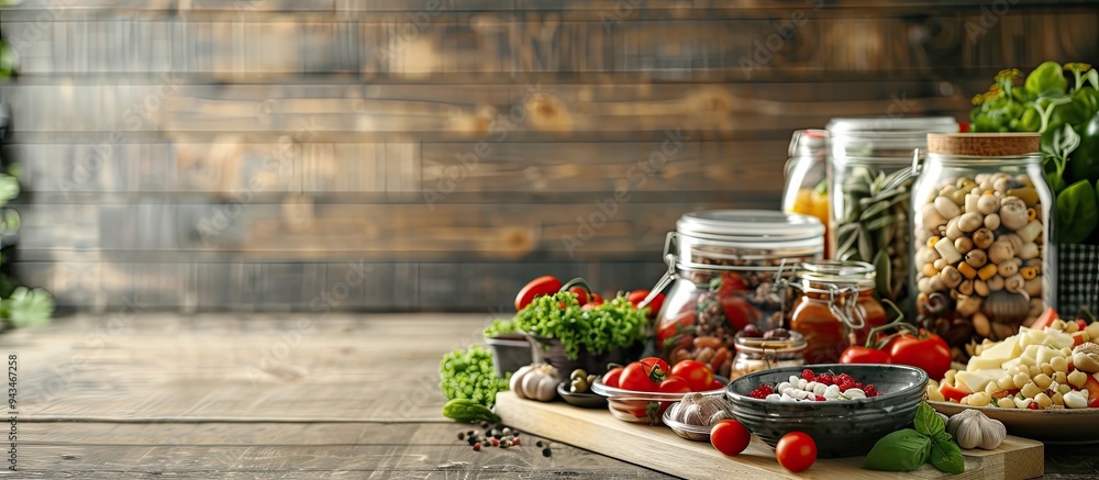 Poster wooden table set with a variety of food in containers for a nutritious meal ideal for promotion with