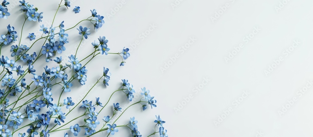 Aufkleber Top view of forget me not flowers on a white background with empty space for your text in an image. Creative banner. Copyspace image