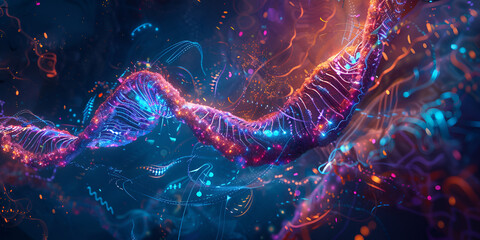 Glowing DNA strand in a futuristic digital environment with vibrant particles, Digital representation of DNA with glowing effects and scientific innovation.