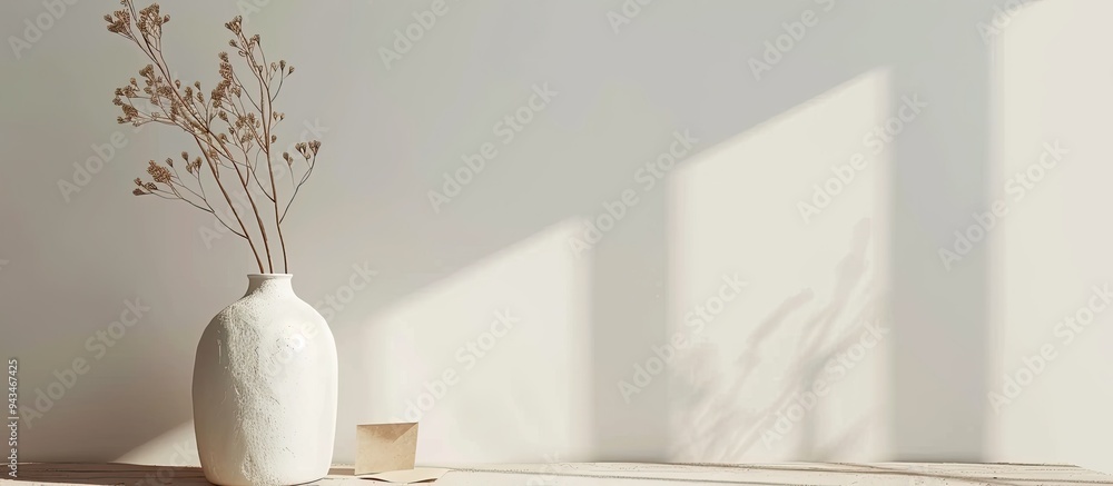 Poster minimalistic composition featuring a dry twig in a vase on a white background with a dried flower on