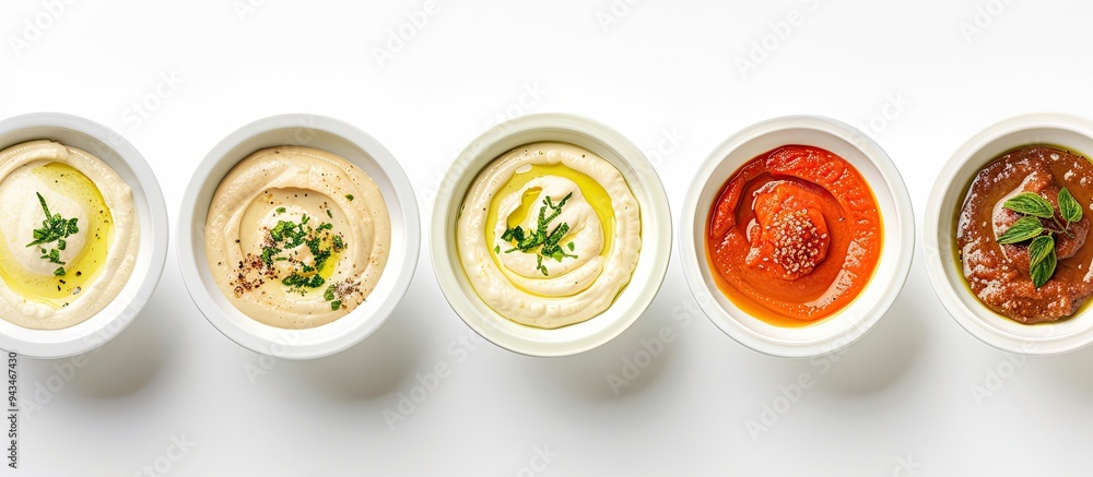 Poster several bowls with various dips lined up neatly against a white background with room for copy space 