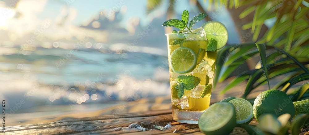 Poster selective focus image of a classic mojito cocktail made with rum lime and fresh mint on a wooden sur