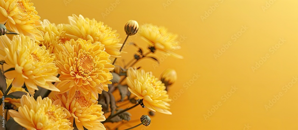 Poster chrysanthemum flowers elegantly displayed against yellow backdrop with copy space image