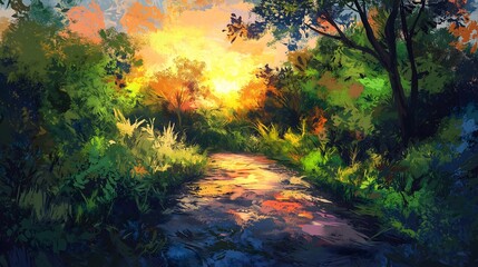 Sunset Path Through Lush Green Forest