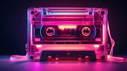 cassette with neon lights. nostalgia for the nineties. A music-listening audio cassette.