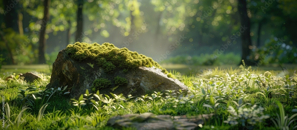 Aufkleber A serene corner in the park with a moss covered stone surrounded by low plants under the warm sun creating a tranquil still life scene with copy space image