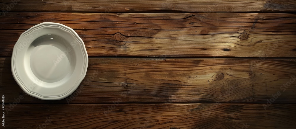 Poster wooden table with an empty plate showcasing a copy space image
