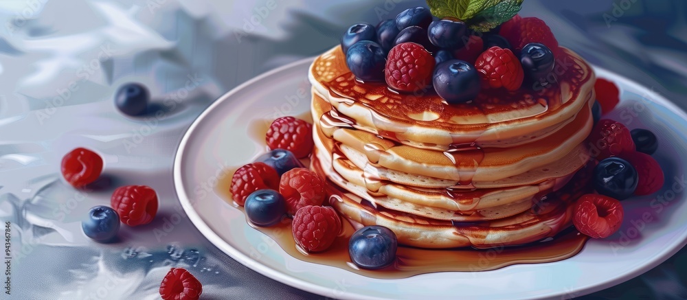 Aufkleber white table with a plate of tasty pancakes and fresh berries with copy space image available