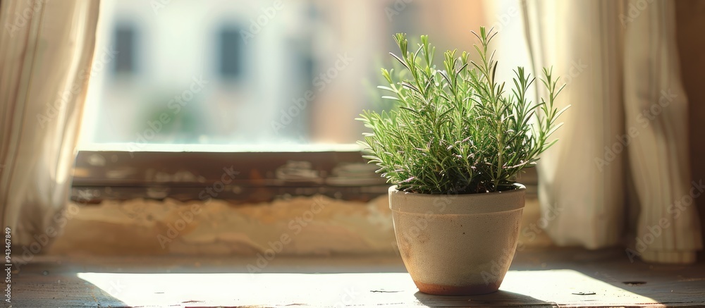 Aufkleber a fragrant rosemary plant in a pot by a window with copy space image