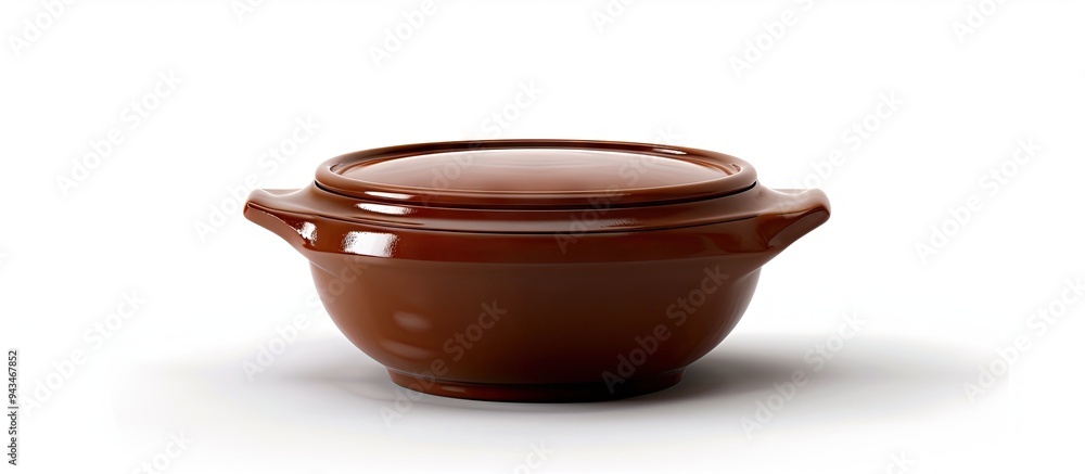Aufkleber an isolated brown ceramic bowl with a lid on a white background ideal for a copy space image