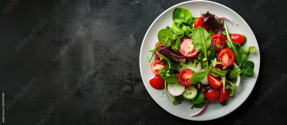 Aufkleber fresh salad on a plate over a black background with ample copy space image