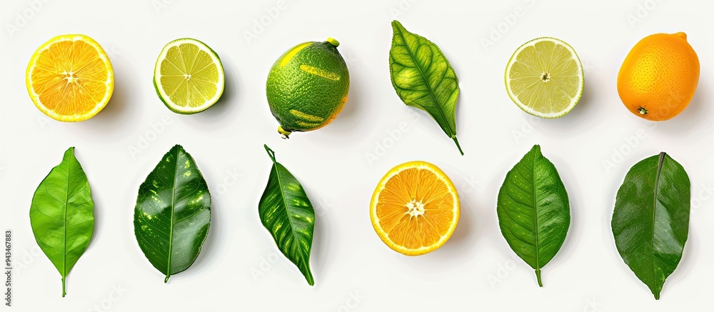 Poster set of green leaves from various citrus fruits isolated on a white background with copy space image