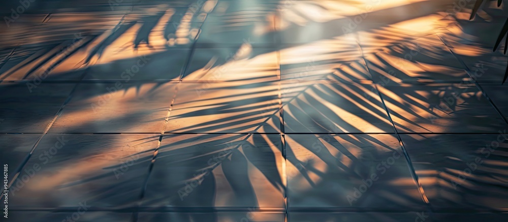 Poster morning sun creates a shadow of leaf on floor tiles with palm branches offering a high quality photo