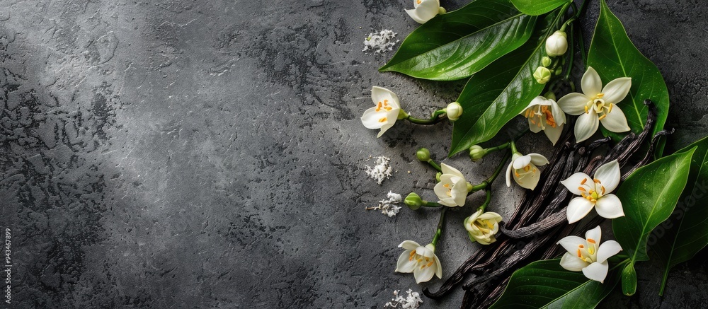 Poster Top view of vanilla pods leaves and flowers on a textured grey table with a designated area for text in the image. Creative banner. Copyspace image