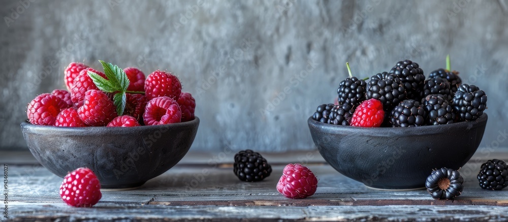 Aufkleber black raspberries arranged in a bowl on the left with a gray wooden table background on the right of