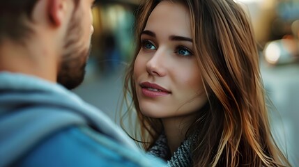 Fototapeta premium Pretty woman looking to handsome man face to face. Portrait of beautiful woman with handsome man. Attractive couple looking to each other. Tttractive woman looking