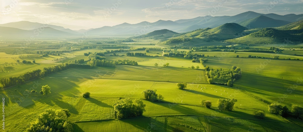 Leinwandbilder aerial view landscape showing a green meadow in the countryside during spring or summer with a sunny