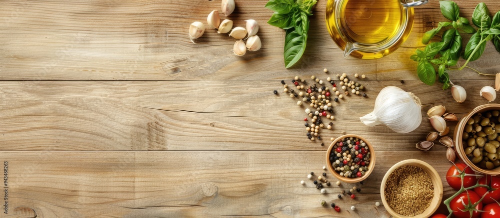 Poster View from above of various vegetarian items displayed on a bright wooden surface with ample copy space for text