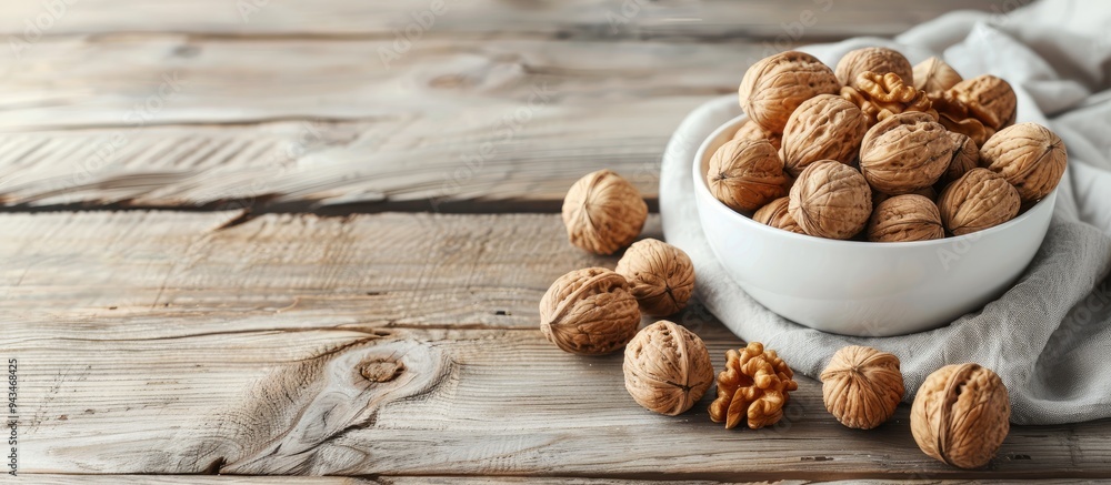 Aufkleber white wooden background with a bowl of appealing walnuts featuring copy space image