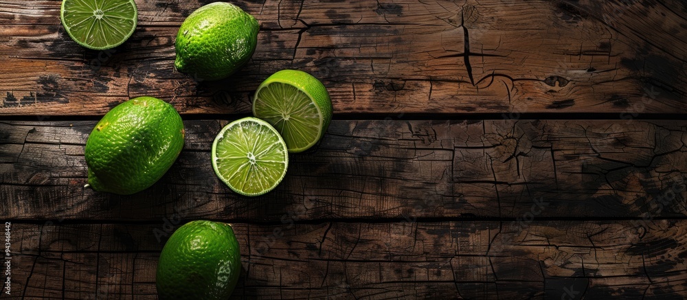 Poster Whole and halved limes on a rustic wooden table displaying the interior with visible copy space image
