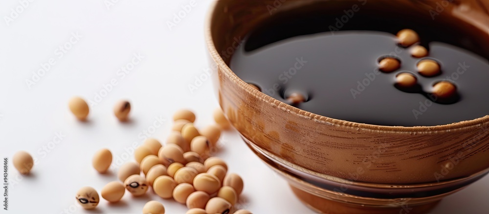 Poster A white background showcasing soy sauce and soybeans with copy space image