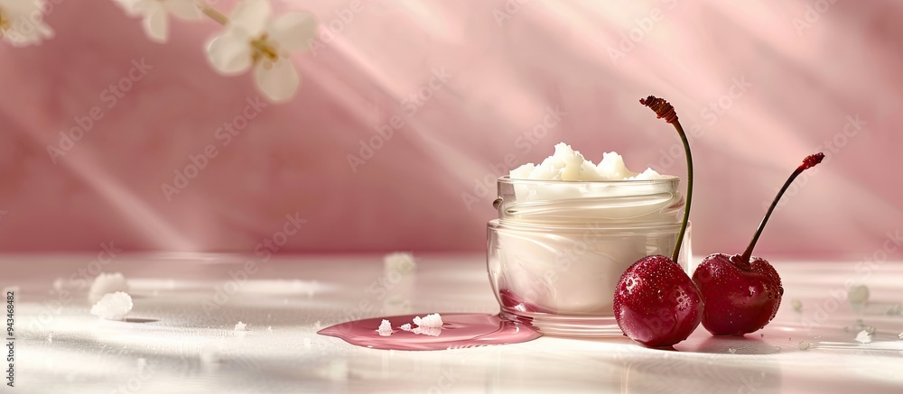 Poster close up of a glass container with lotion for body and face near spilled lotion featuring a red cher