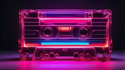 cassette with neon lights. nostalgia for the nineties. A music-listening audio cassette.
