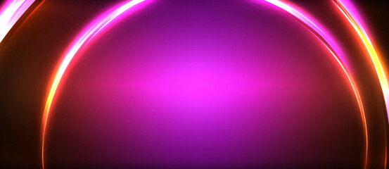 Neon glowing circle rays, light round lines in the dark, planet style neon wave lines. Energetic electric concept design for wallpaper, banner, background
