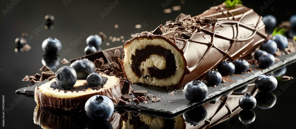 Poster Chocolate roll cake with blueberries and a broken black chocolate bar on a reflective black surface perfect for adding text or images in the empty area. Creative banner. Copyspace image