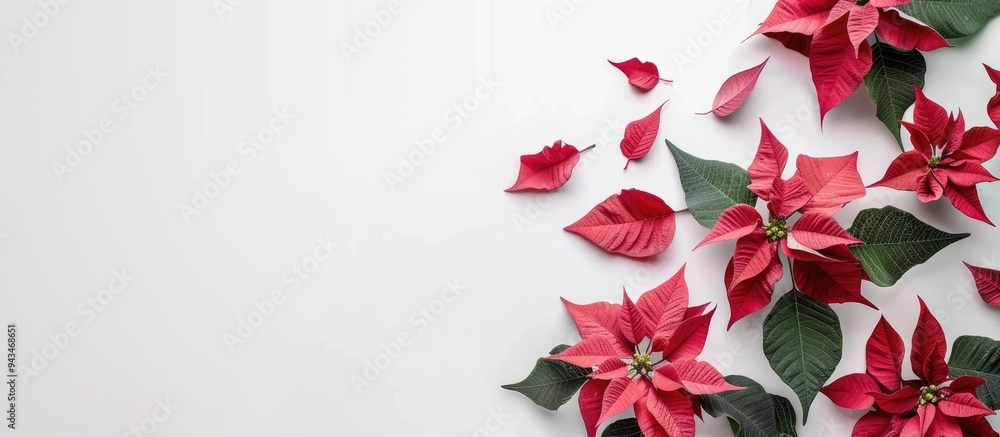 Aufkleber red and pink poinsettia flowers arranged on a white surface with room for text suitable as a copy sp