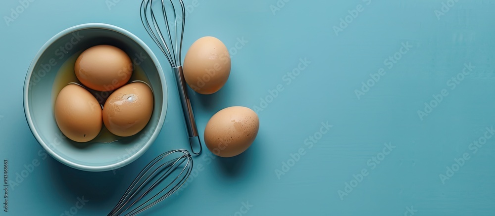 Poster top view of a bowl eggs and whisk on a blue backdrop with room for text or other elements in the ima