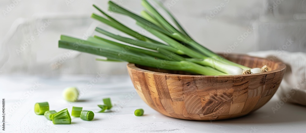 Poster a wooden bowl holds chopped spring onions on a white table providing ample copy space in the image