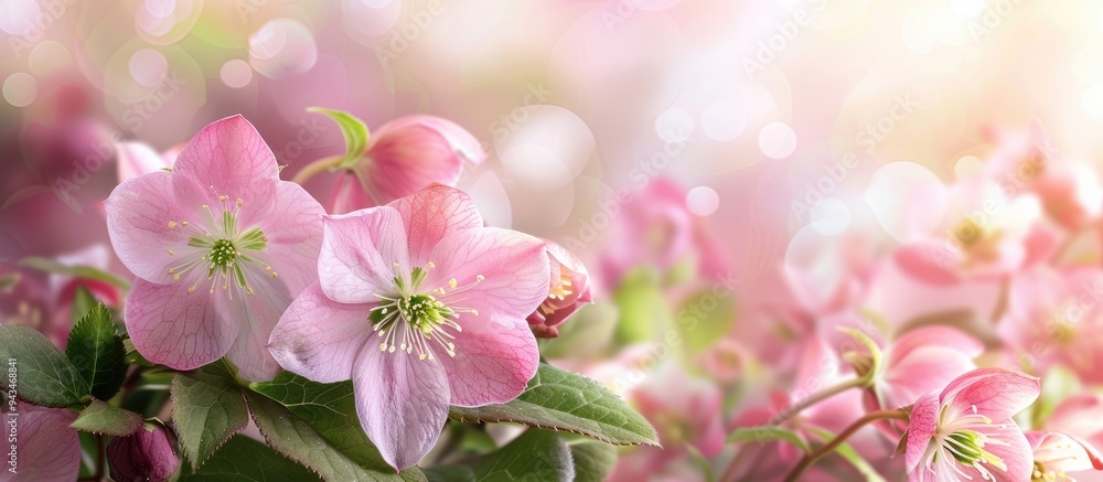 Leinwandbilder Spring bloom of pink hellebore flowers with a natural wildflower backdrop creates a scenic setting for text or other elements in the image. Creative banner. Copyspace image